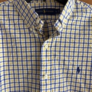 Ralph Lauren Men's Large Yellow Blue Windowpane Plaid Button Down Logo Shirt‎